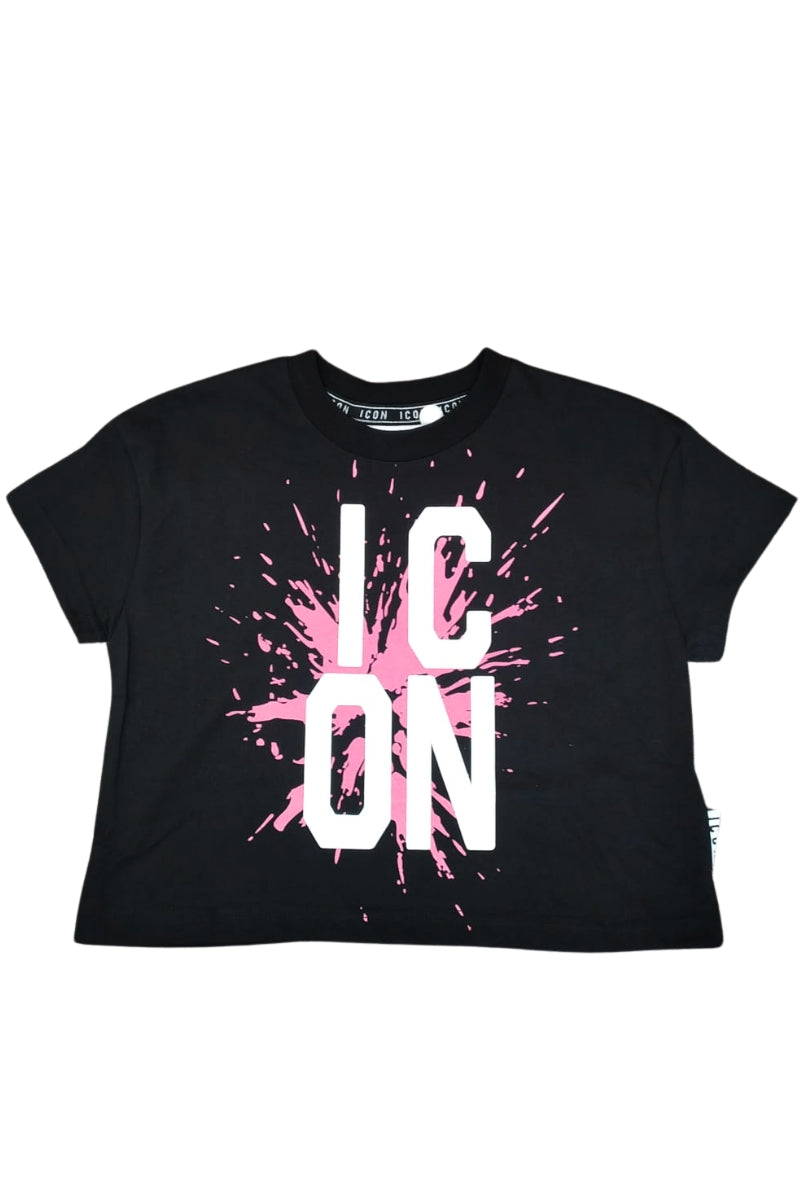 T-shirt girocollo da ragazza con maxi stampa logo lettering e schizzo frontale a contrasto IGKS001143