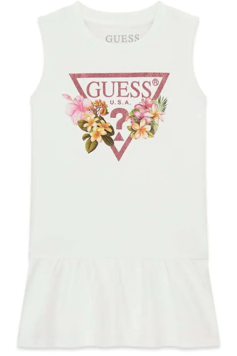 Abito smanicato da bambina con maxi triangolo loggato con glitter K4RK23KA6W4