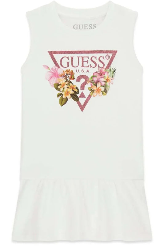 Abito smanicato da bambina con maxi triangolo loggato con glitter K4RK23KA6W4