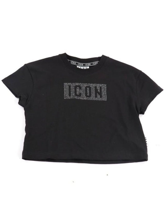T-shirt da ragazza cropped con logo e strass IGKS001386