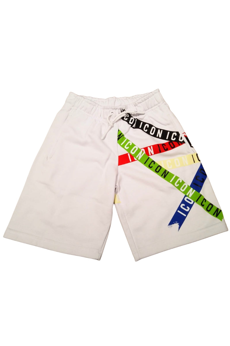 Bermuda da ragazzo con stampa bande multi color e multi lettering a incrocio IBSH001114
