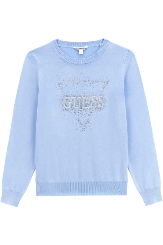 Maglione girocollo da ragazza con logo lettering ricamato e strass J6RR09Z2NQ2