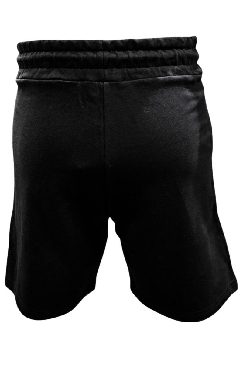 Bermuda da uomo in cotone garzato con stampa con logo lettering multicolor sul fondo a sinistra SS26287