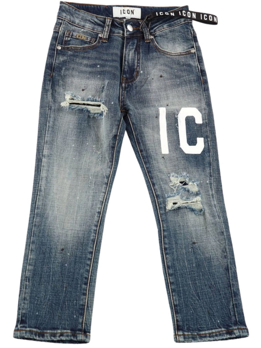 Jeans da ragazzo con maxi logo lettering sulla coscia sinistra fronte e retro IBDT001308
