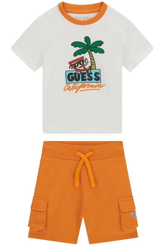 Completo da bambino in cotone due pezzi con stampa summer e dettagli a contrasto colore N6GG02K8HM4