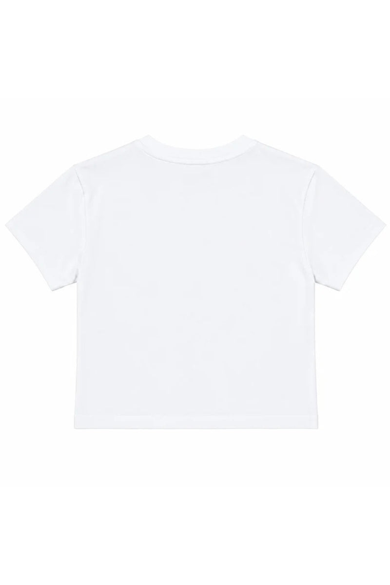 T-shirt cropped da ragazza con maxi logo monogram stampato a contrasto colore sul davanti SS26K507