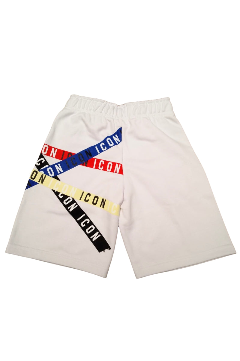Bermuda da ragazzo con stampa bande multi color e multi lettering a incrocio IBSH001114