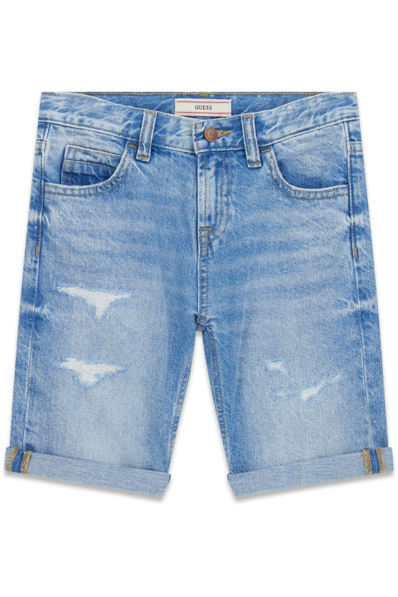 Bermuda da ragazzo in denim chiaro con strappi frontali L6RD11D41E0