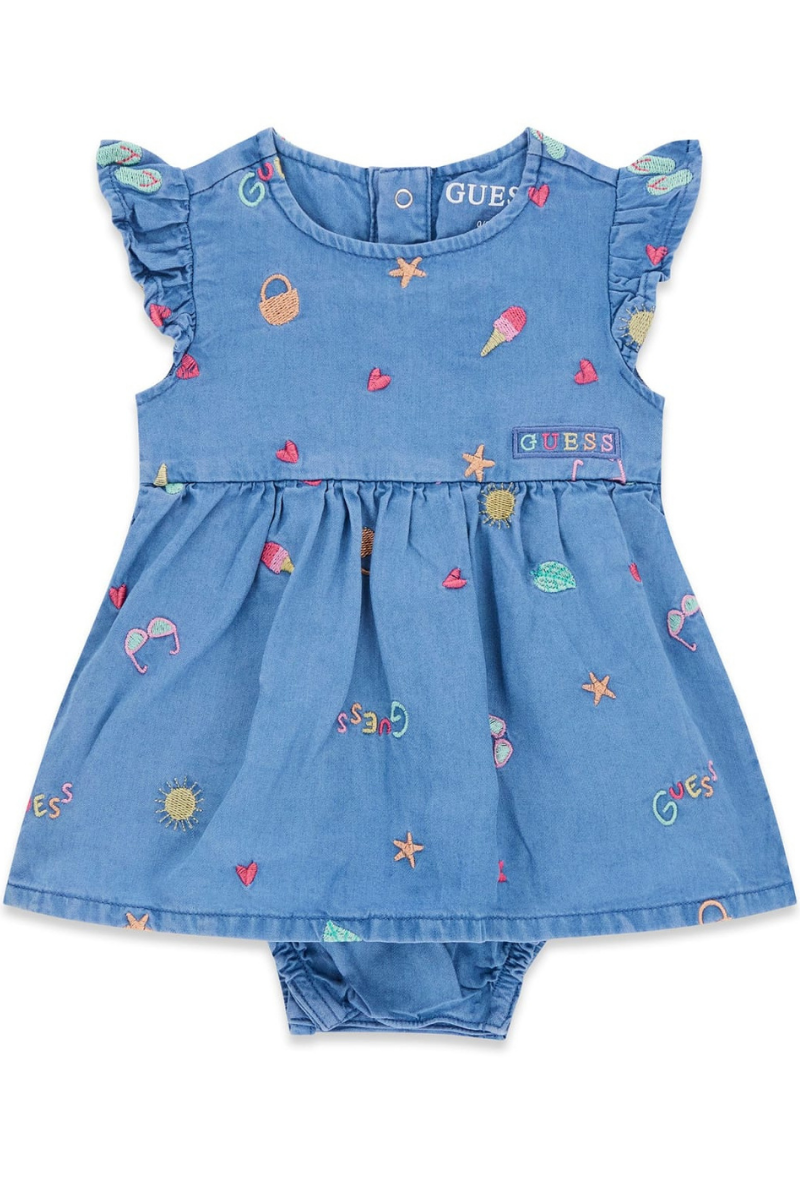 Abitino da neonata in denim con ricami a fantasia multicolor all over S6GG07WHBL0