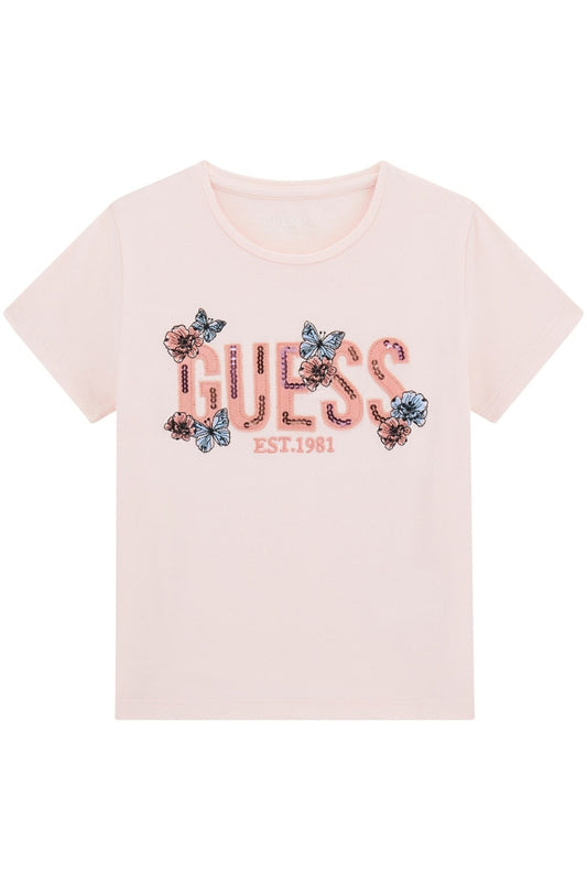 T-shirt girocollo da ragazza con logo lettering cucito sul davanti e fantasia floreale con paillettes J6RI34K6YW4