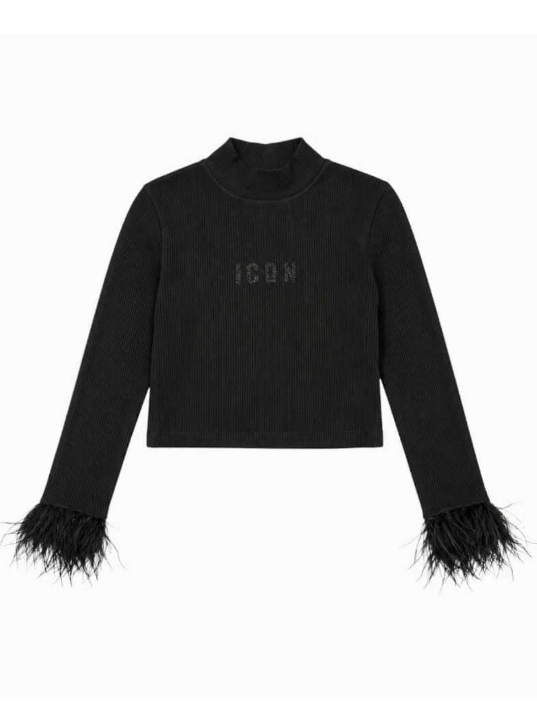 Maglia lupetto da ragazza con logo frontale e polsini con piume IGKL001509