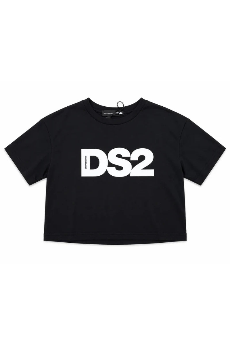 T-shirt cropped da ragazza con maxi logo monogram stampato a contrasto colore sul davanti SS26K507