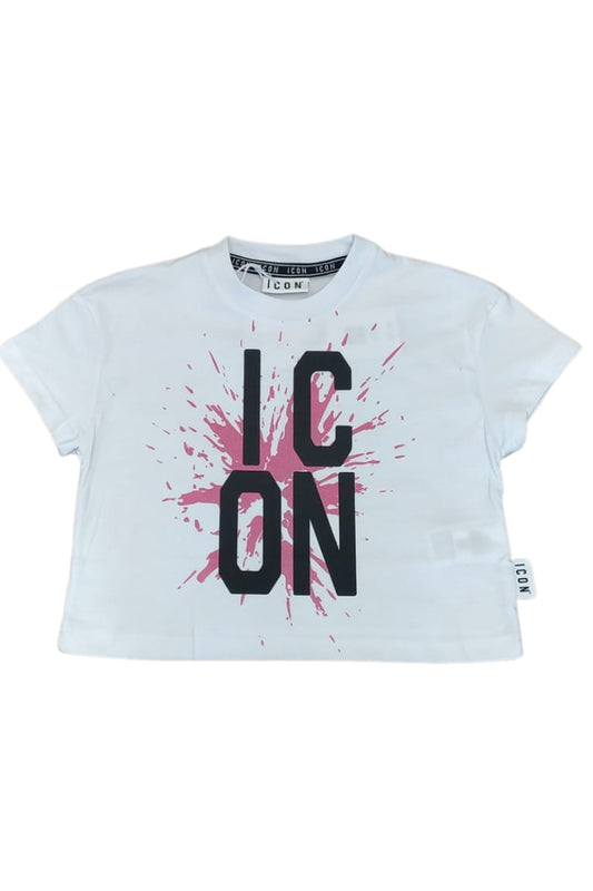 T-shirt girocollo da ragazza con maxi stampa logo lettering e schizzo frontale a contrasto IGKS001143