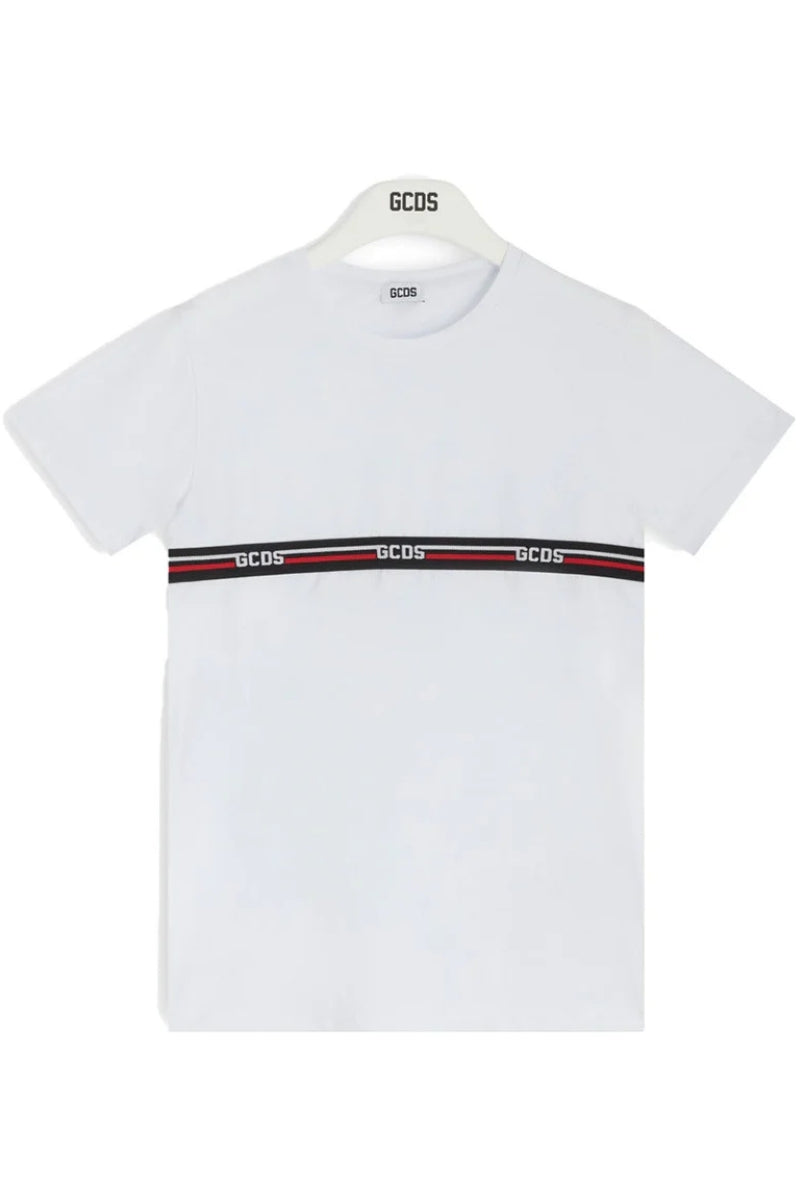 T-shirt da ragazzo in cotone con multi logo a contrasto fronte e retro C1BJQC553J105