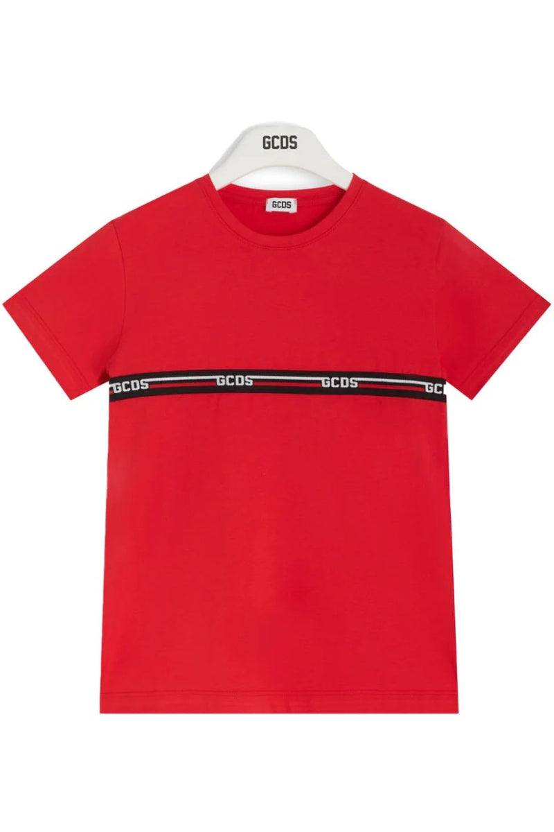 T-shirt da bambino in cotone con multi logo a contrasto fronte e retro C1BKQC553J105