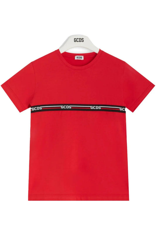 T-shirt da bambino in cotone con multi logo a contrasto fronte e retro C1BKQC553J105