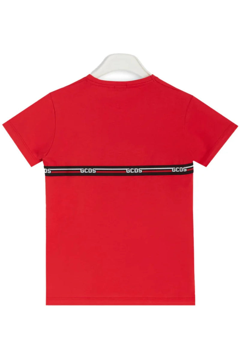 T-shirt da bambino in cotone con multi logo a contrasto fronte e retro C1BKQC553J105