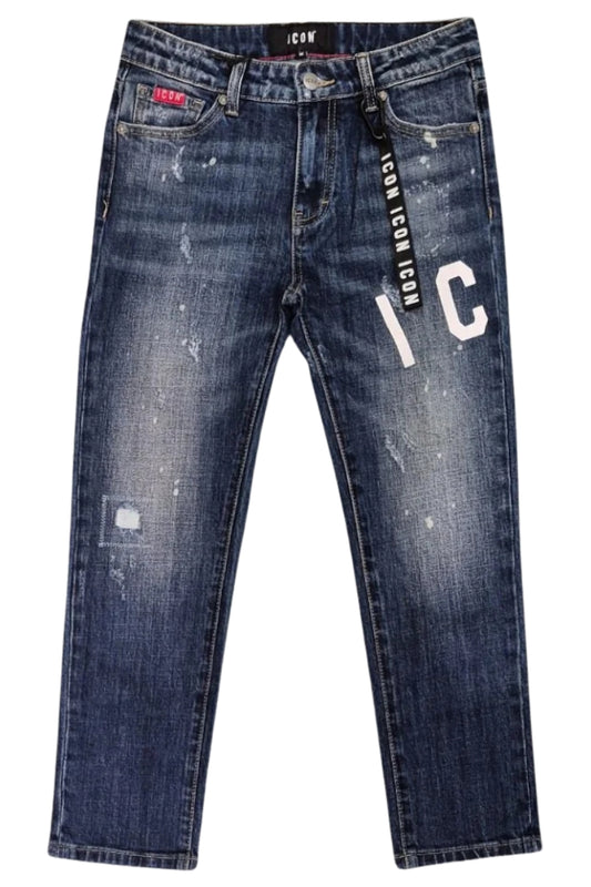 Jeans da ragazzo a cinque tasche con strappi e schizzi con logo lettering laterale IBDT00716