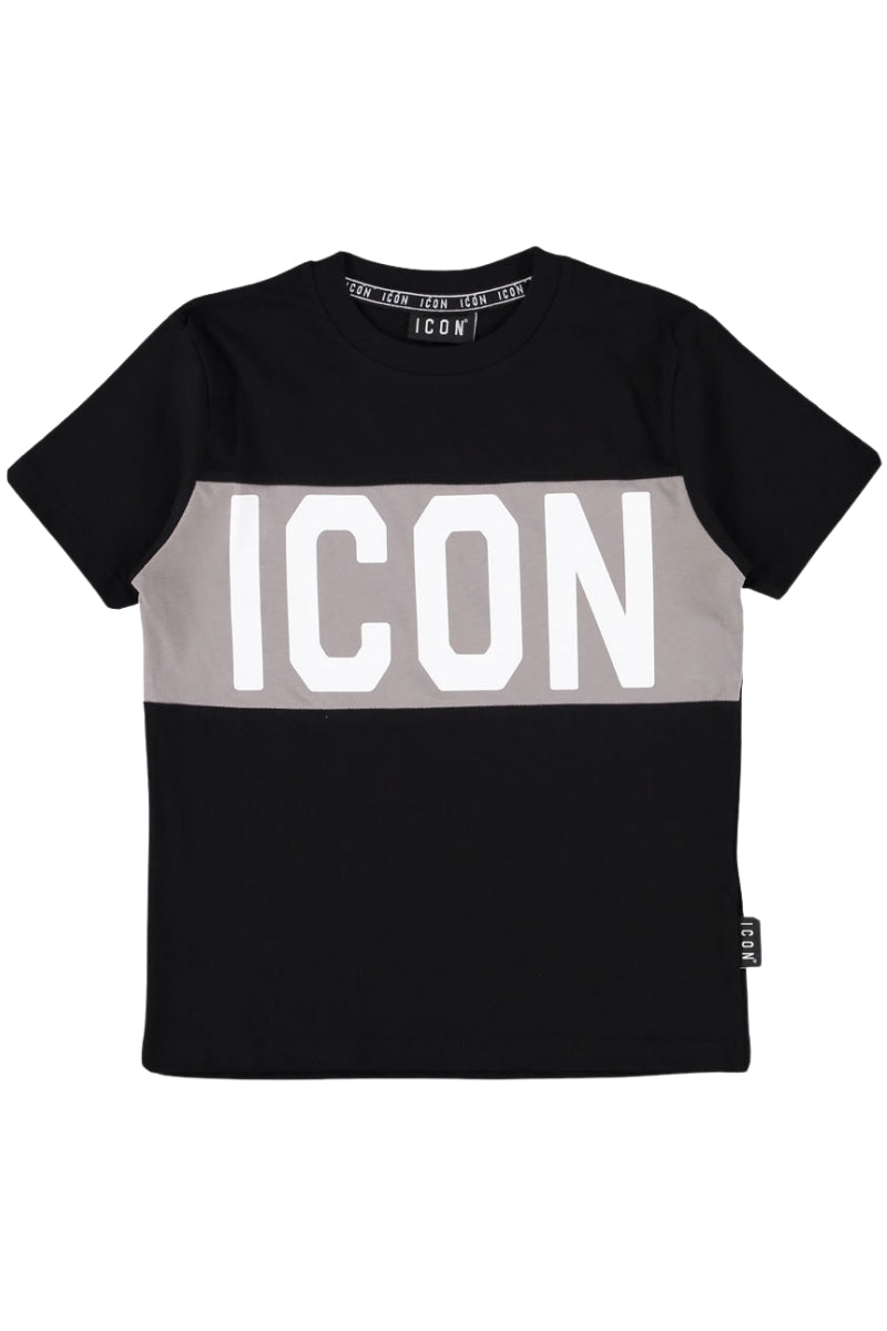 T-shirt girocollo da ragazzo con Inserto con banda con maxi logo lettering a contrasto colore fronte e retro IBKS00743