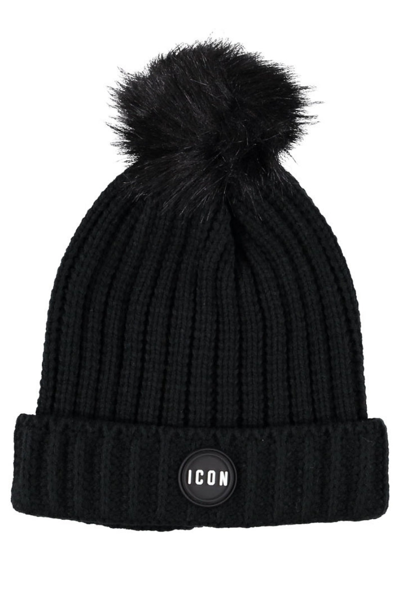 Cappello da ragazza in maglia lavorata a trecce e ponpon in ecopelliccia IGAC00724