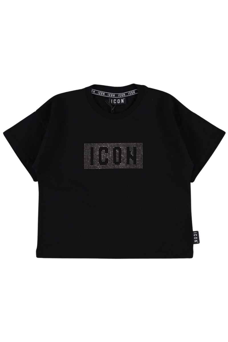 T-shirt girocollo da ragazza cropped con logo lettering e strass sul davanti IGKS00909