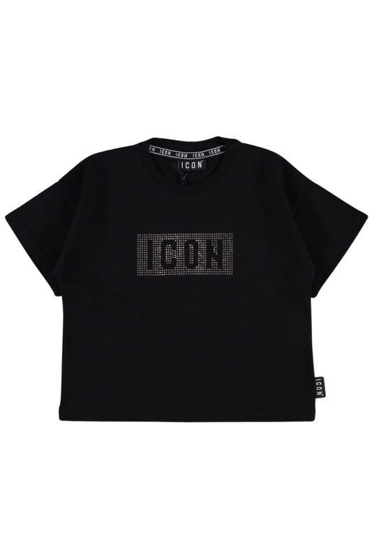 T-shirt girocollo da ragazza cropped con logo lettering e strass sul davanti IGKS00909