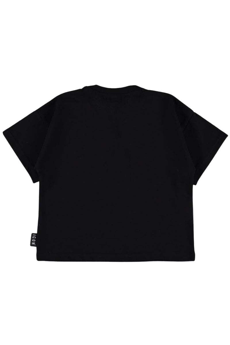 T-shirt girocollo da ragazza cropped con logo lettering e strass sul davanti IGKS00909