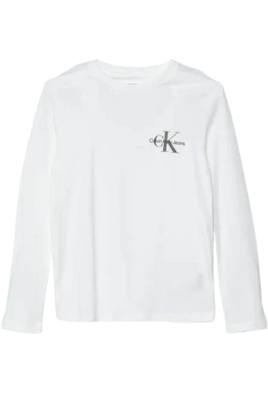 Maglia girocollo da bambino e ragazzo in cotone con logo monogram a contrasto a sinistra IU0IU00677YAF