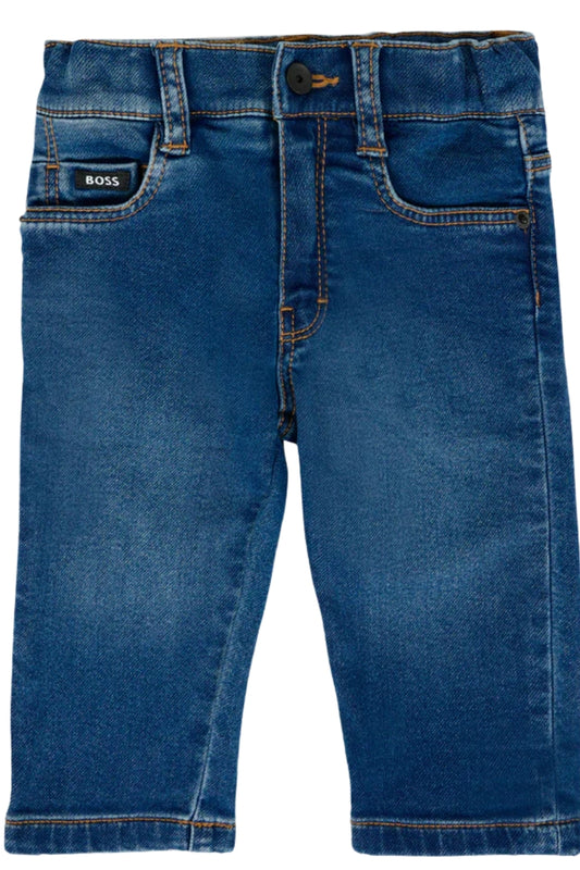Jeans da neonato in denim di cotone elasticizzato a cinque tasche J52439