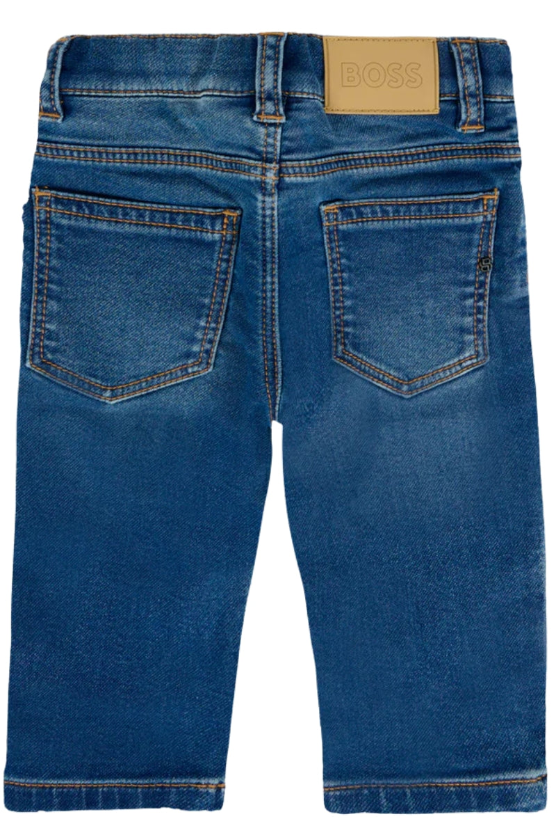Jeans da neonato in denim di cotone elasticizzato a cinque tasche J52439