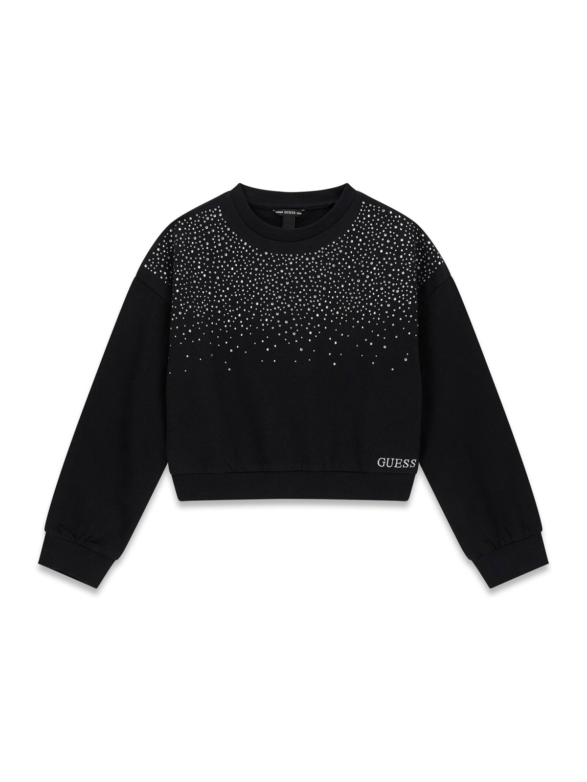 Felpa girocollo da ragazza in cotone con strass sul davanti e logo lettering J6RQ13KA6R4