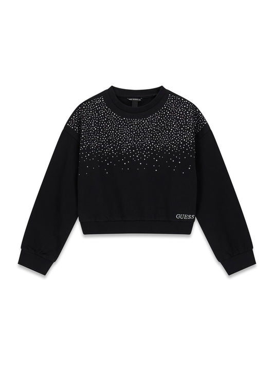 Felpa girocollo da ragazza in cotone con strass sul davanti e logo lettering J6RQ13KA6R4