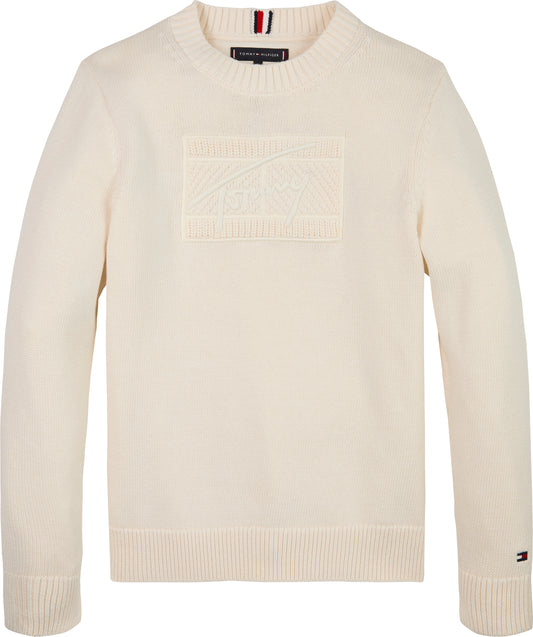 Maglione girocollo da bambino e ragazzo in puro cotone con bandiera logata ton sur ton ricamata sul petto  KB0KB09810Z00