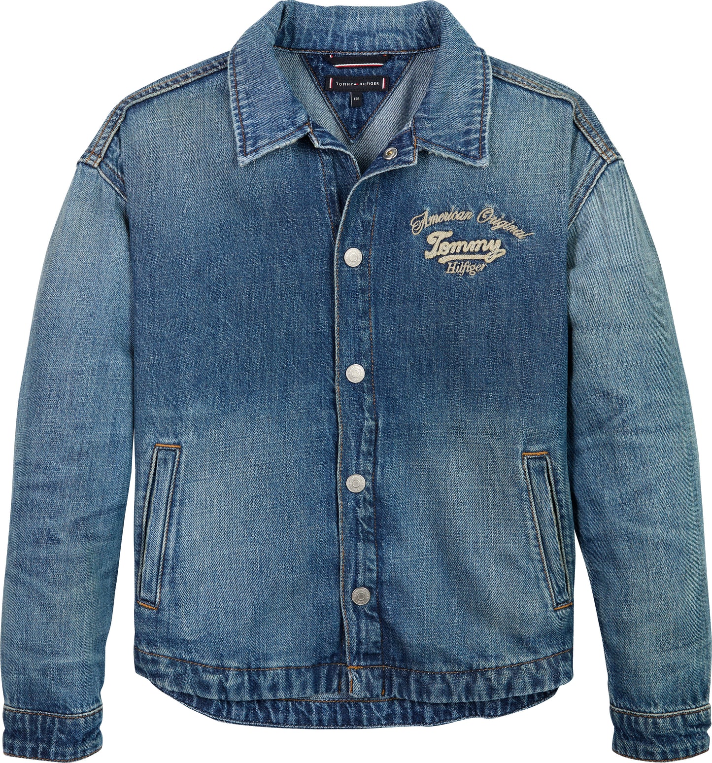 Camicia da ragazzo in denim con logo lettering ricamato sul petto KB0KB098421A4