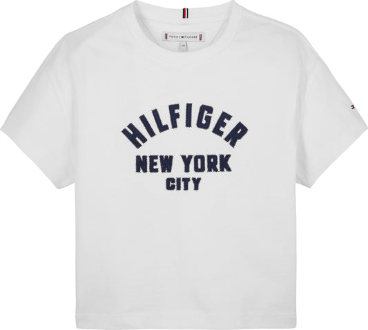 T-shirt girocollo da ragazza con logo lettering in raso sul davanti KG0KG08635YBR