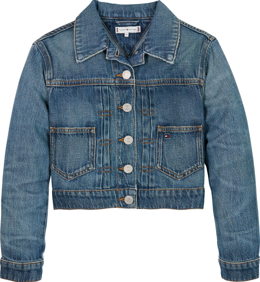 Giacca trucker da ragazza in denim con logo lettering ricamato sul retro KG0KG087521BK