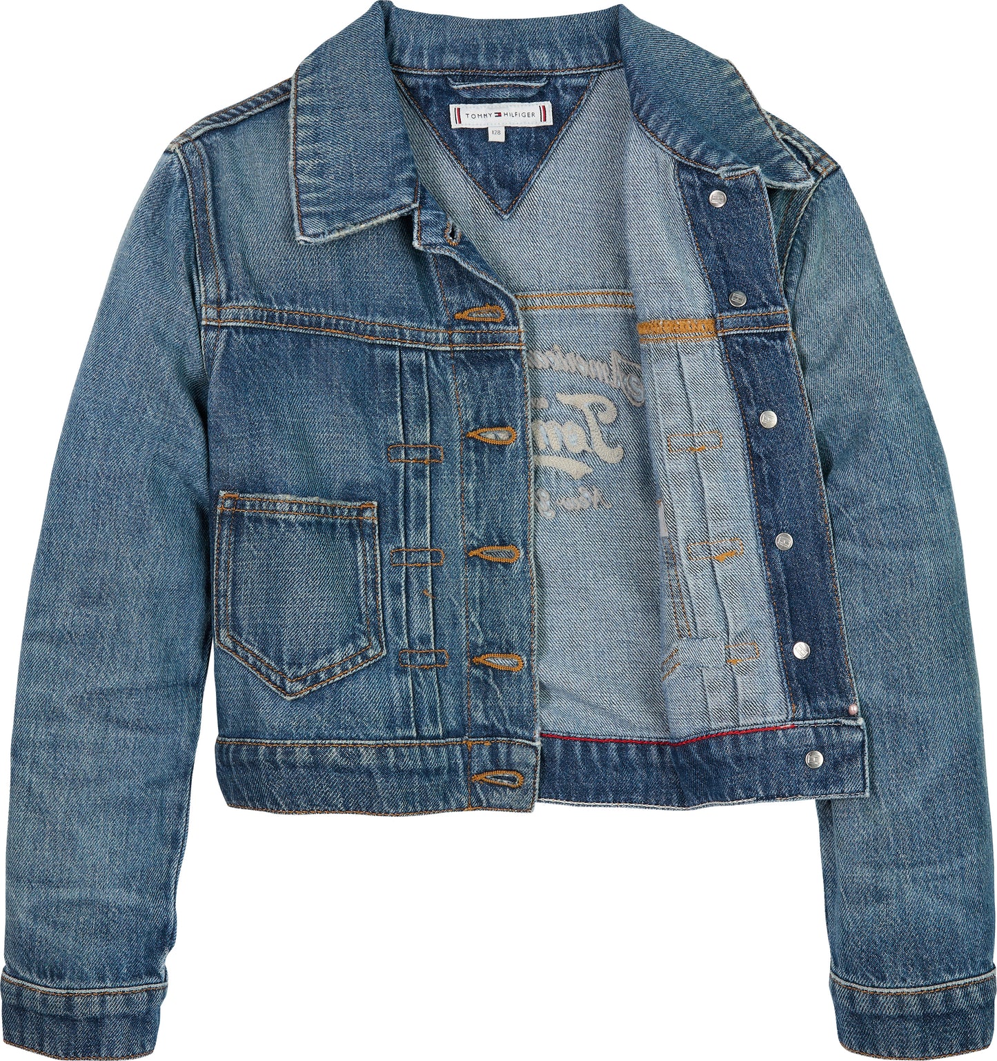 Giacca trucker da ragazza in denim con logo lettering ricamato sul retro KG0KG087521BK