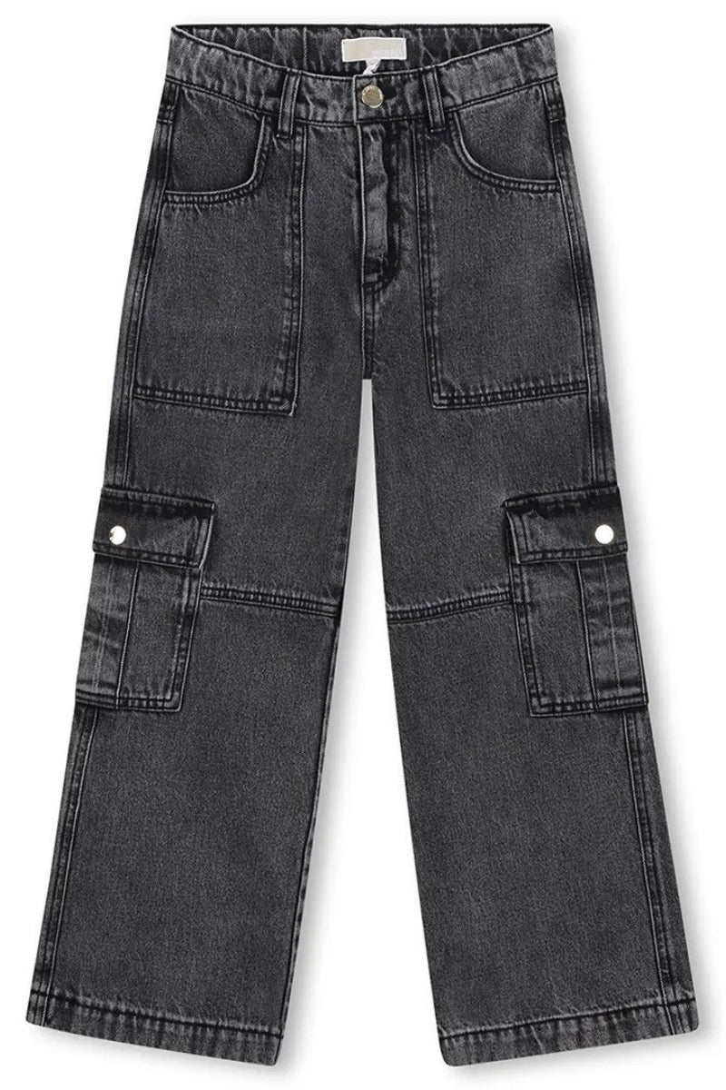 Jeans scuro da bambina e ragazza cargo in cotone a gamba larga R30451