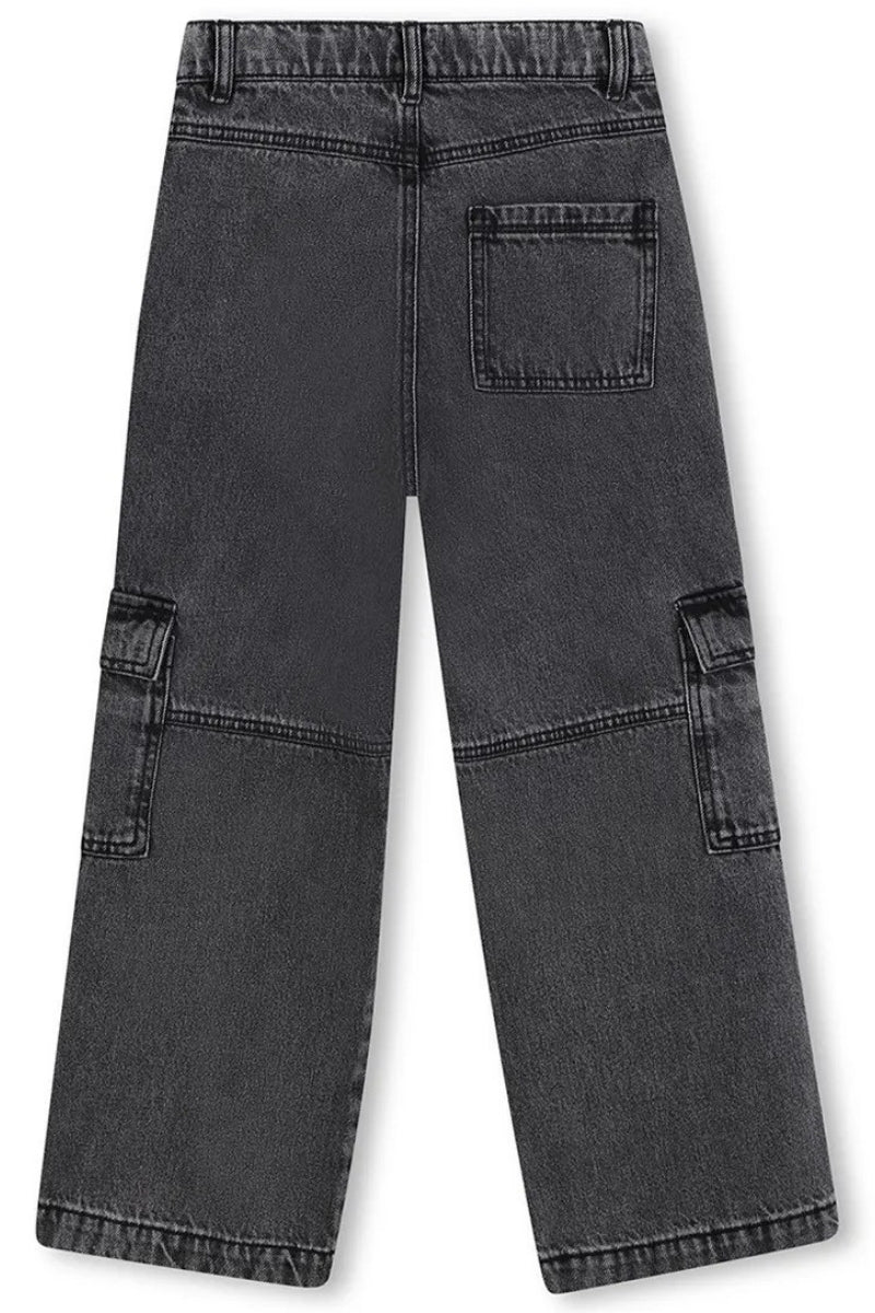 Jeans scuro da bambina e ragazza cargo in cotone a gamba larga R30451