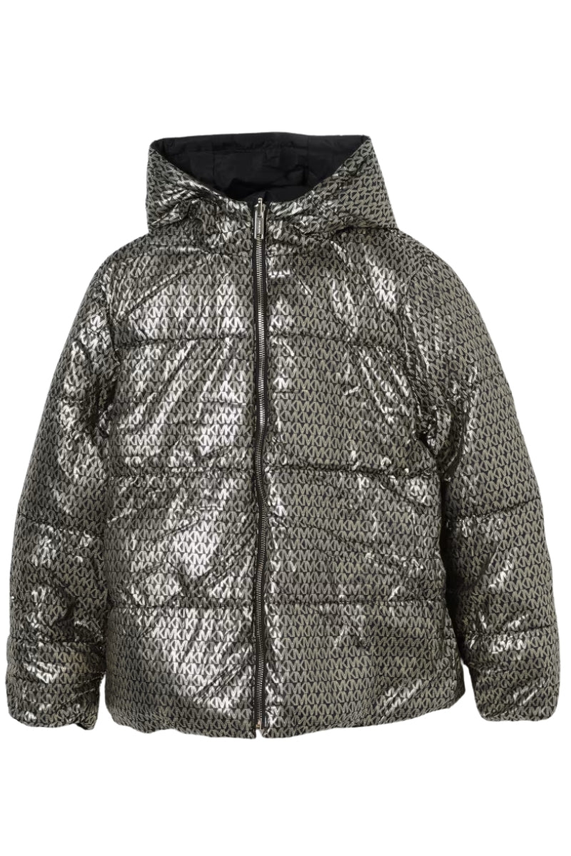 Giubbotto piumino da ragazza reversibile con lato a tinta unica e lato con pattern logo monogram R30456/M15