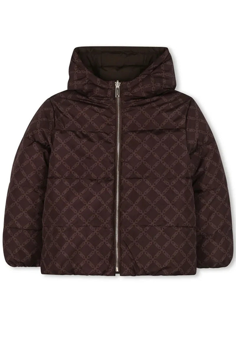 Giubbotto piumino da ragazza reversibile con pattern logo monogram con motivo geometrico R30456