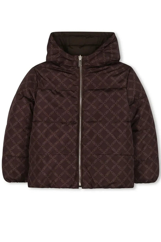 Giubbotto piumino da ragazza reversibile con pattern logo monogram con motivo geometrico R30456