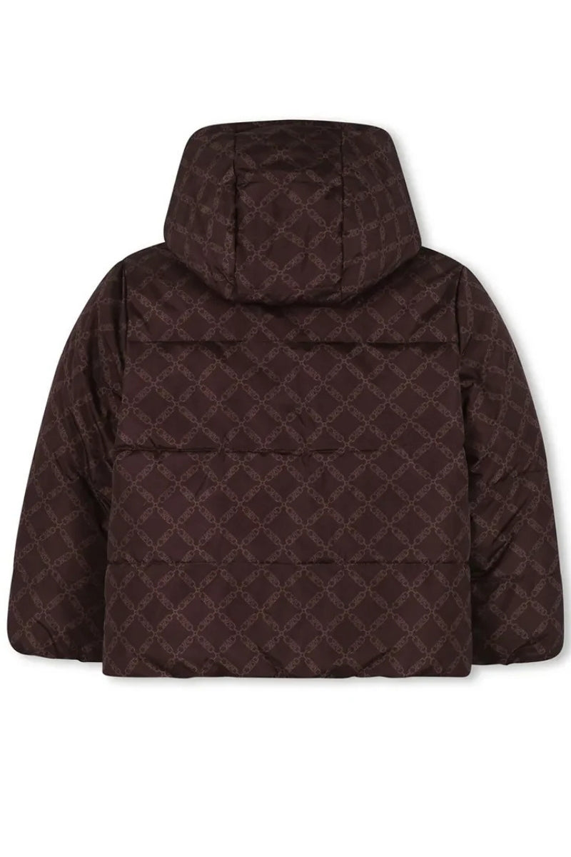 Giubbotto piumino da ragazza reversibile con pattern logo monogram con motivo geometrico R30456