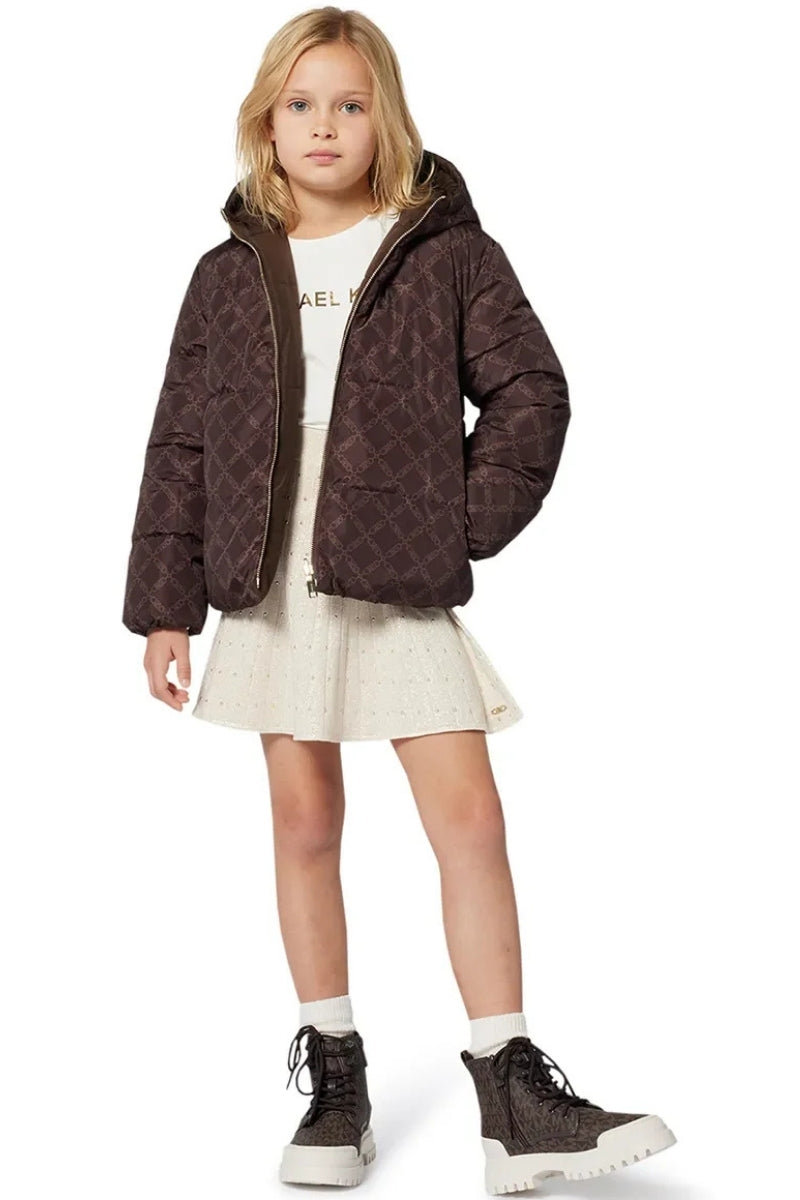 Giubbotto piumino da ragazza reversibile con pattern logo monogram con motivo geometrico R30456