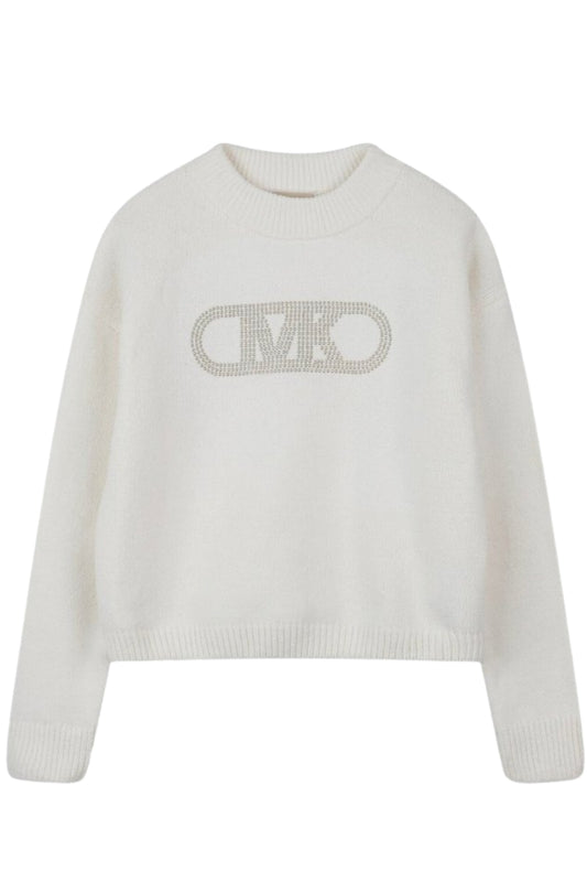 Maglione da bambina e ragazza cropped con logo monogram con strass sul davanti R30460