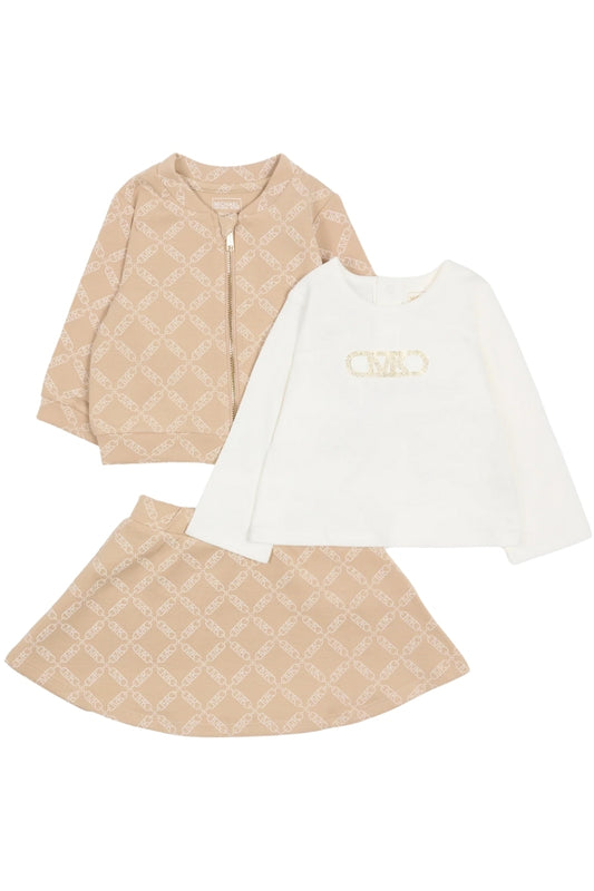 Completo tre pezzi con felpa, maglia e gonna con stampa pattern logo monogram R30502