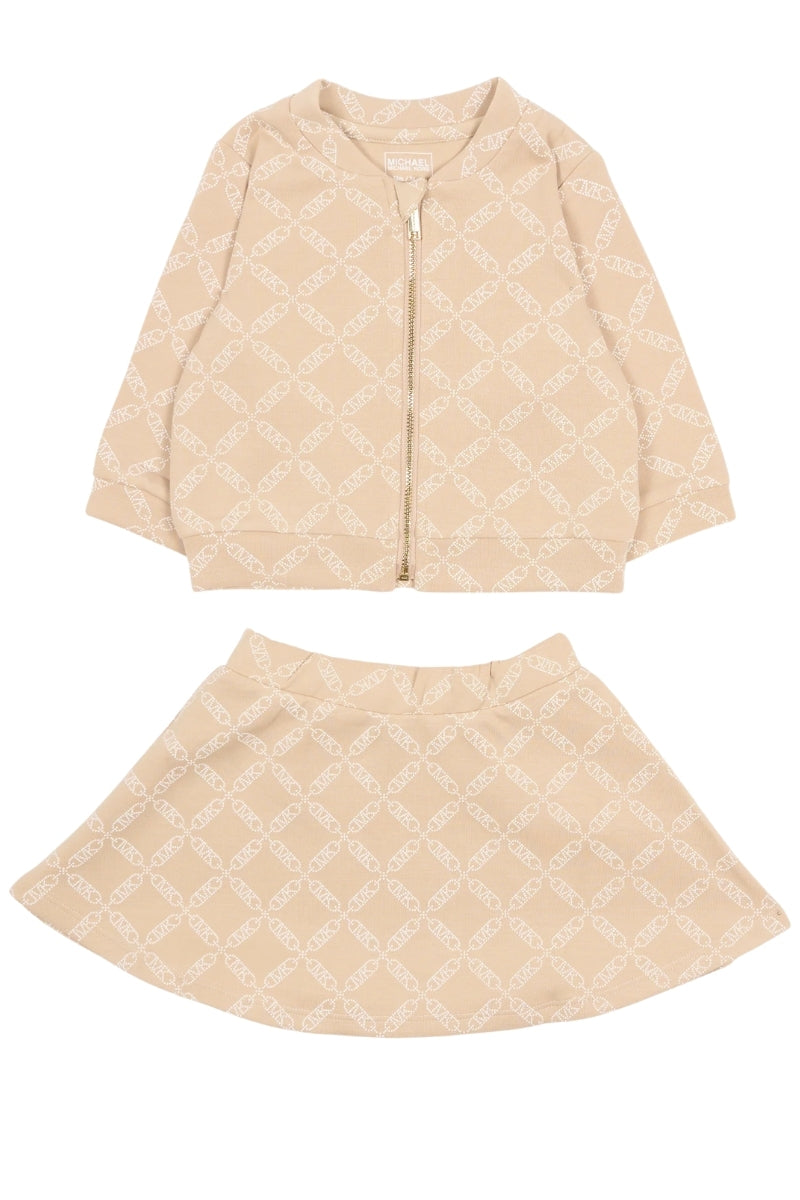 Completo tre pezzi con felpa, maglia e gonna con stampa pattern logo monogram R30502