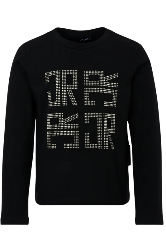 Maglia girocollo da bambina e ragazza con multi logo monogram maxi con strass sul davanti RGA25182TS