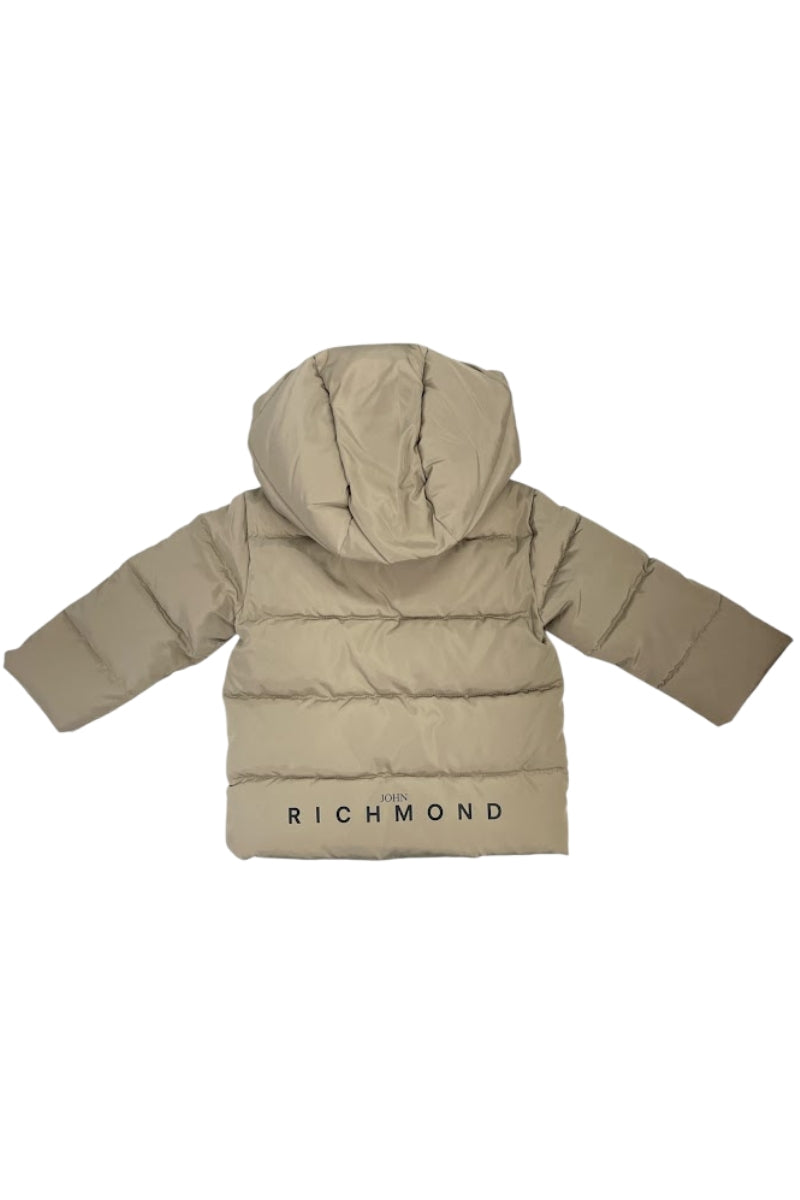 Giubbotto da neonato con cappuccio e logo lettering a contrasto colore sul retro RIA25011PI