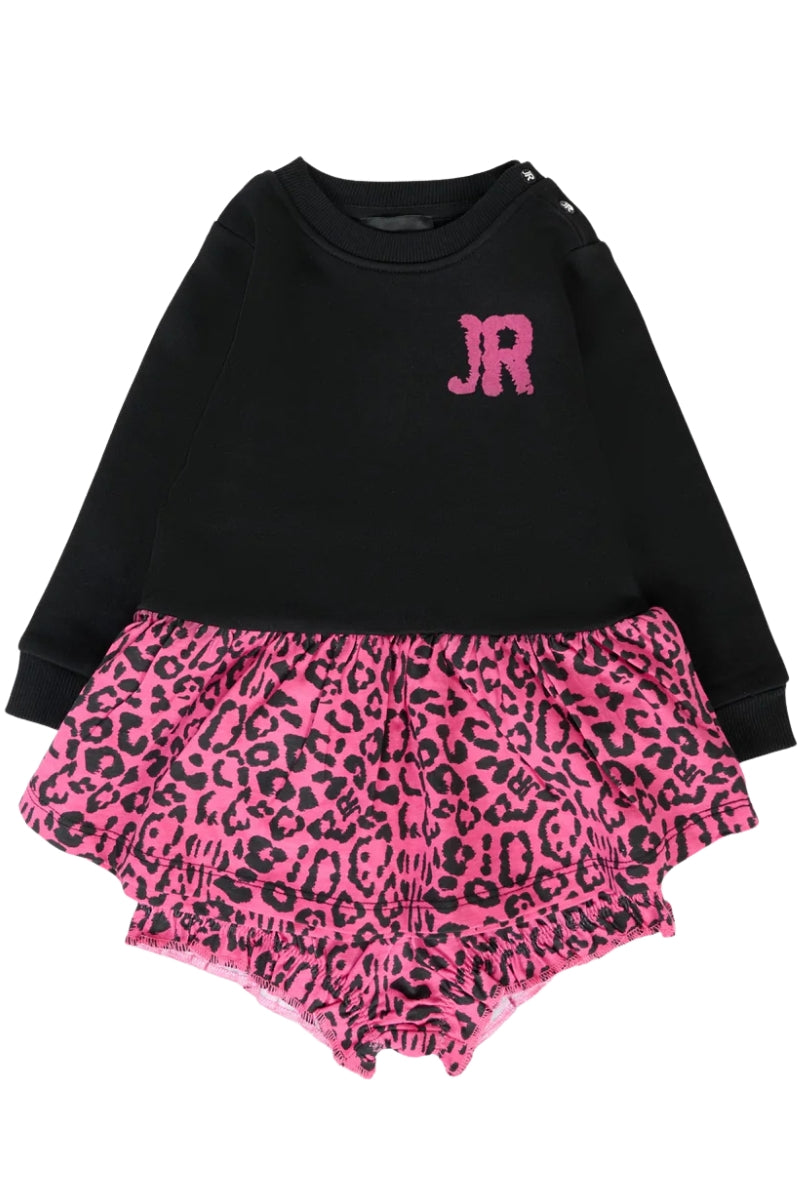 Abito da neonata con balza con stampa animalier a contrasto  RIA25120VE